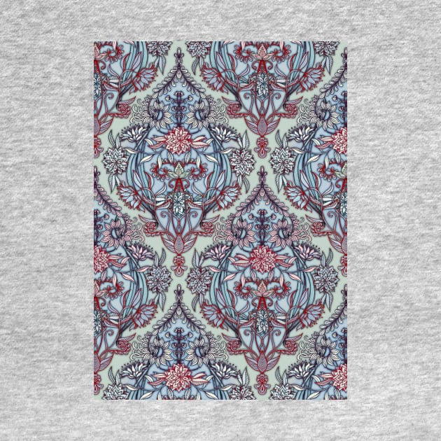 Botanical Moroccan Doodle Pattern in Navy Blue, Red & Grey by micklyn